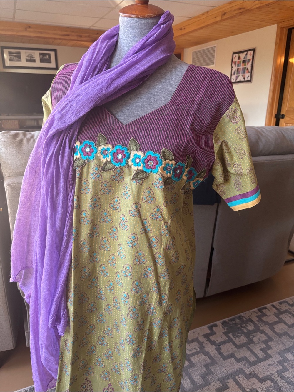 Purple-Accented Olive Floral Midi Dress with Scarf and pants